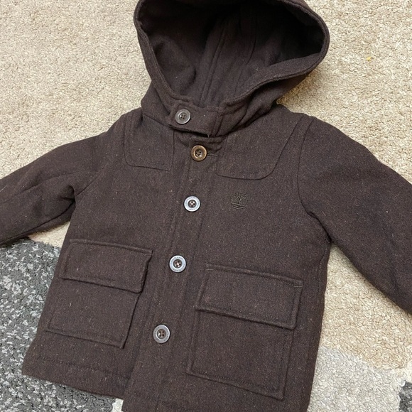 TIMBERLAND chocolate brown wool blend button down hooded coat size 12 month - Picture 3 of 9